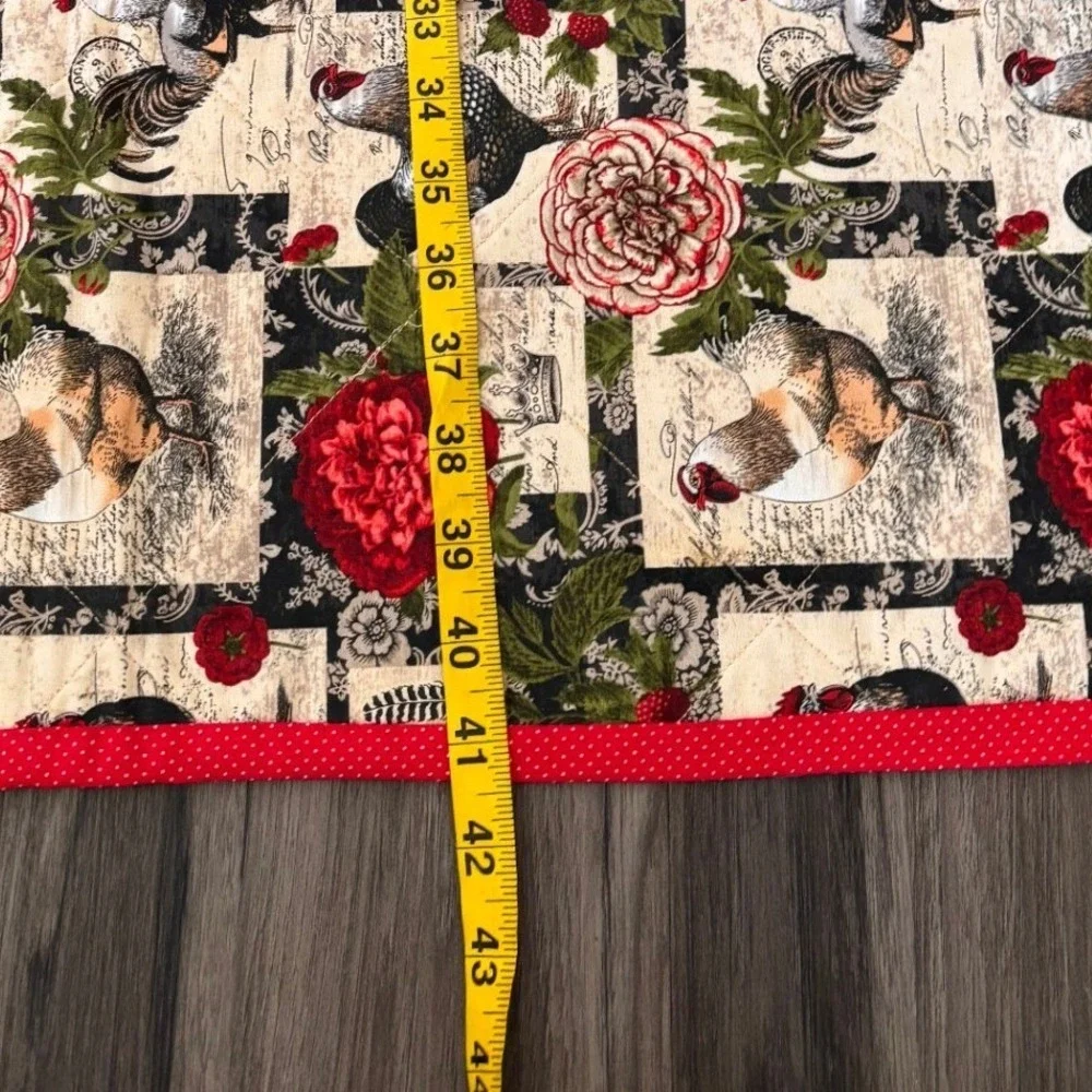 Cottage Core Rooster Peony Quilted Table Runner French Country Red Black 41x26
